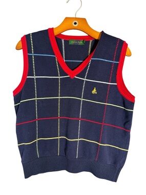 Navy Red Blue Cotton Plaid Sweater KnitVest  Tenniscore Grandpa Preppy M